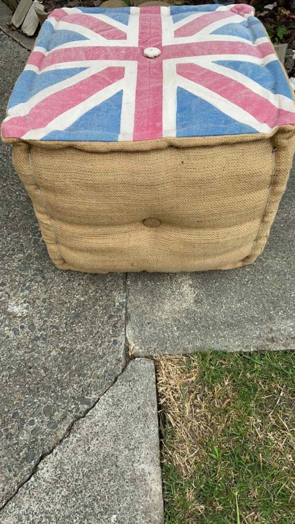 Union Jack Burlap Pouf Ottoman - Image 5