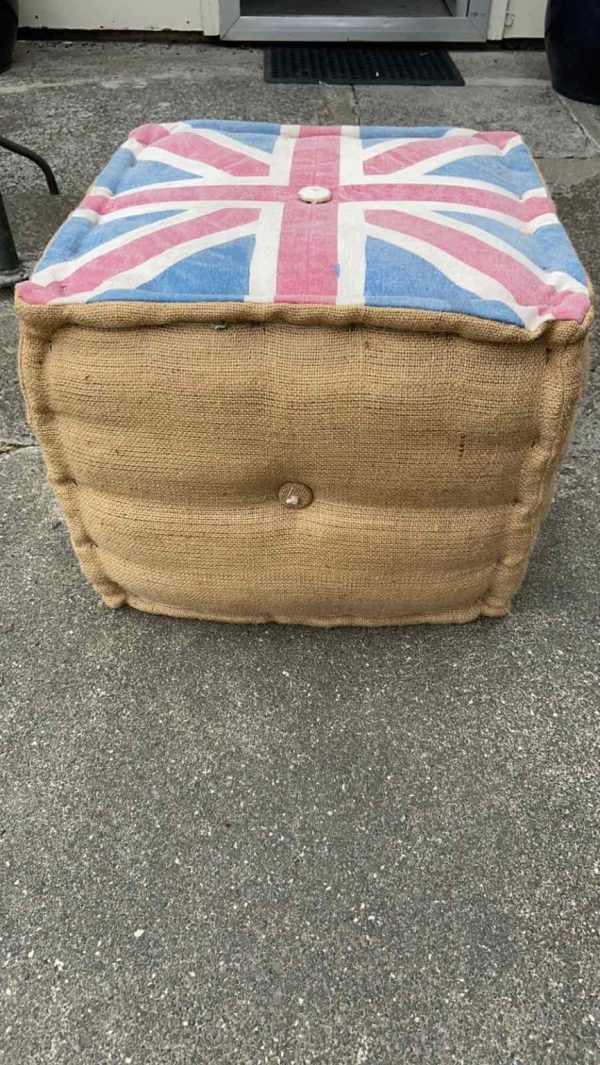 Union Jack Burlap Pouf Ottoman - Image 4