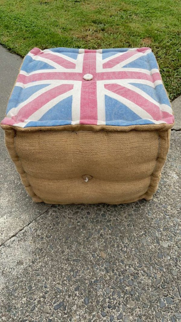 Union Jack Burlap Pouf Ottoman - Image 3