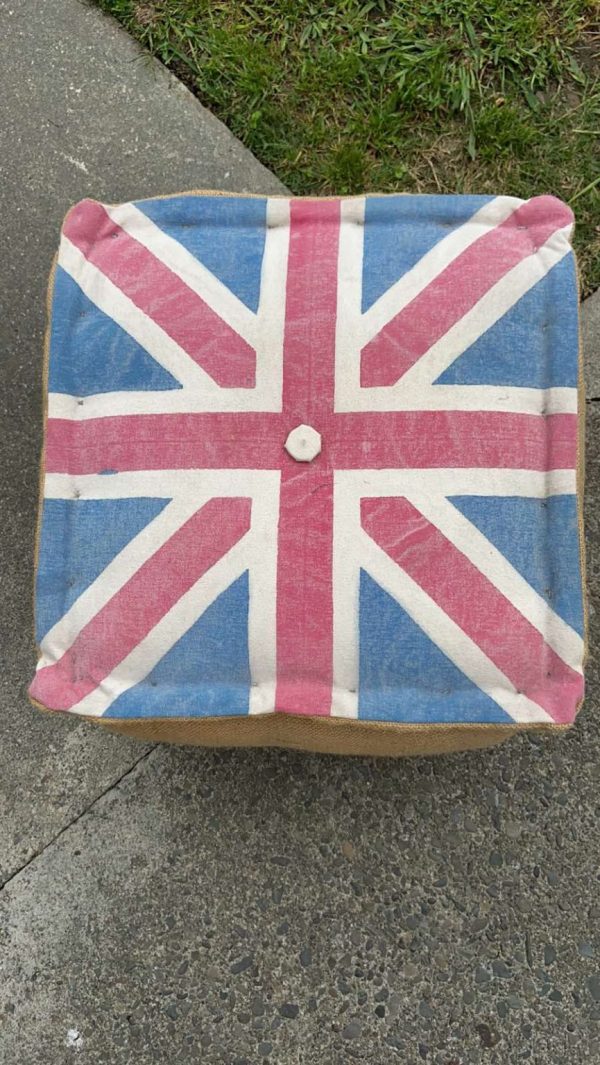 Union Jack Burlap Pouf Ottoman - Image 2