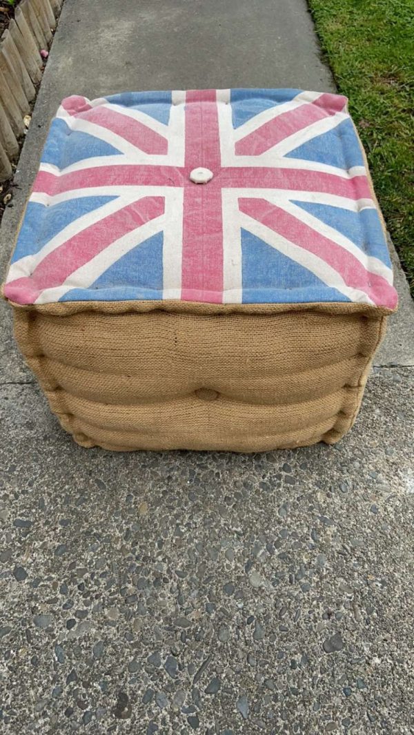 Union Jack Burlap Pouf Ottoman