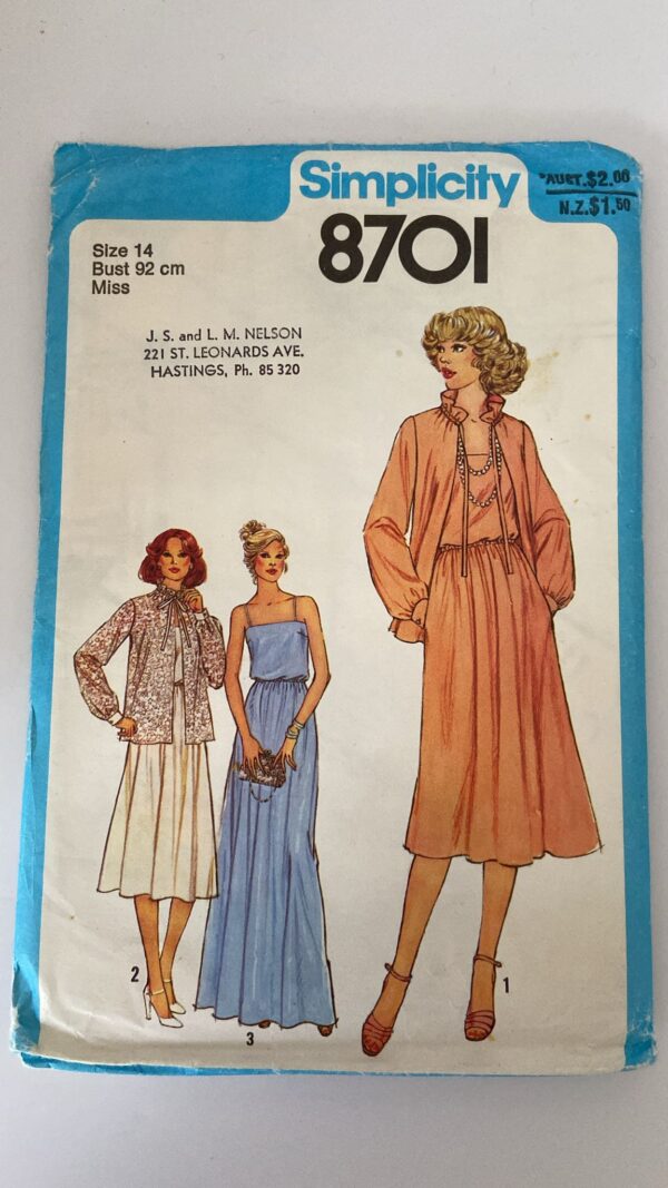 Simplicity 8701 Dress in 2 lengths & Unlined Jacket (14 bust 92cm)